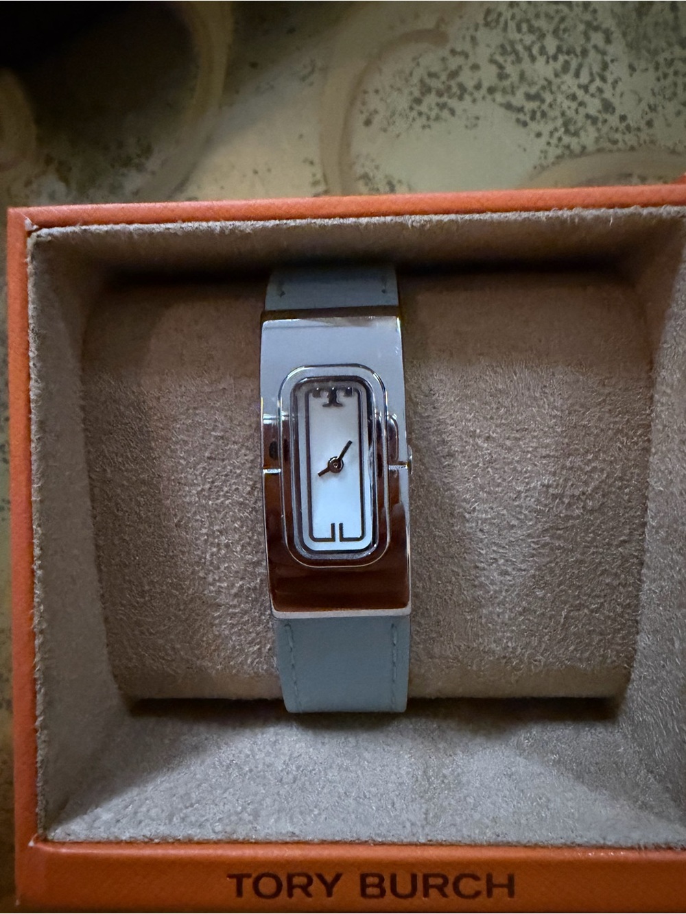 Tory Burch Silver Tone Case with Light Blue Leather Strap Women's Watch